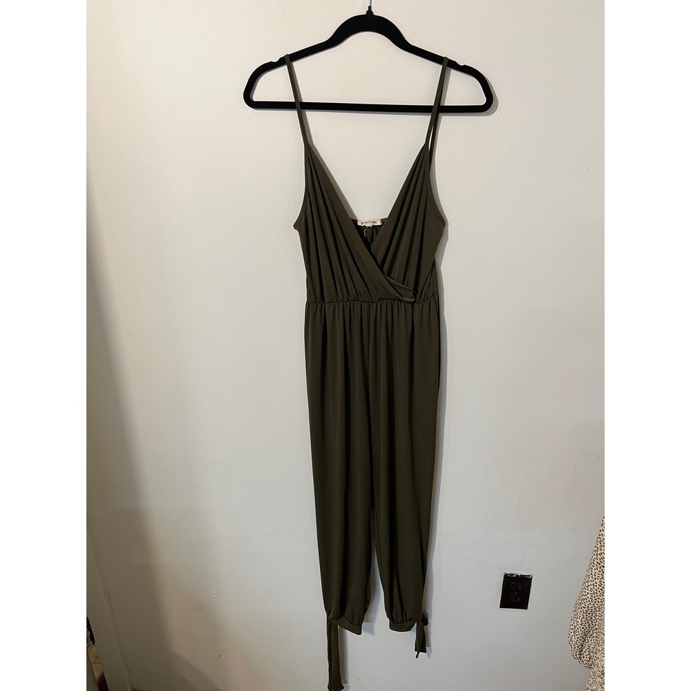 Rolla Coster Olive Green Surplice V-Neck Jumpsuit Spaghetti Strap Tie Cuff M
